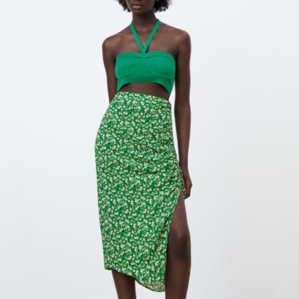 Zara Floral Midi Skirt with Ruched Slit